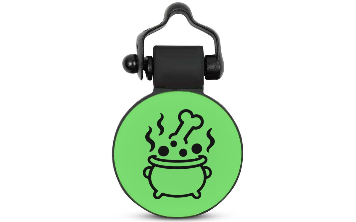 Green Cauldron silent silicone pet ID tag, Halloween design