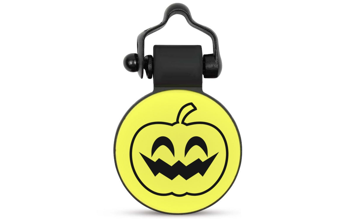 Yellow Jack-O-Lantern silent silicone pet ID tag, Halloween design